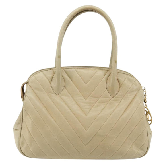 CHANEL V Stitch Hand Bag Leather Beige Gold CC Auth BA12371
