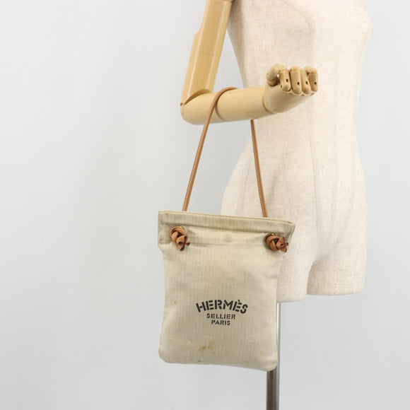 HERMES Hand Bag Canvas Beige Gold Auth BA12373