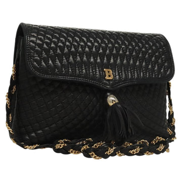 BALLY Quilted Chain Shoulder Bag Leather Black Gold Auth BA1239