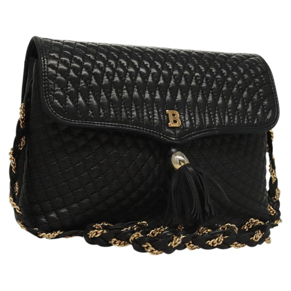 BALLY Quilted Chain Shoulder Bag Leather Black Gold Auth BA1239