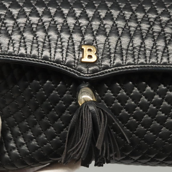 BALLY Quilted Chain Shoulder Bag Leather Black Gold Auth BA1239