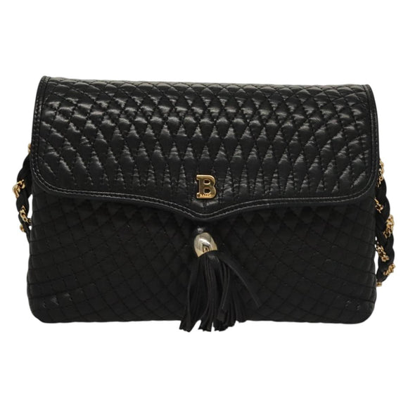 BALLY Quilted Chain Shoulder Bag Leather Black Gold Auth BA1239