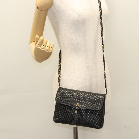 BALLY Quilted Chain Shoulder Bag Leather Black Gold Auth BA1239