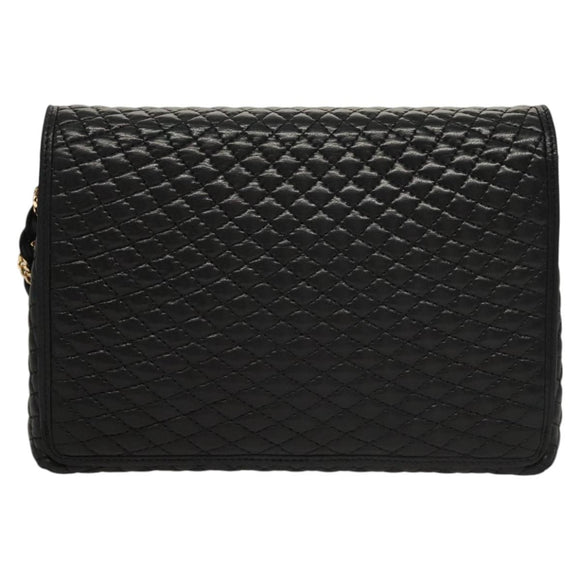 BALLY Quilted Chain Shoulder Bag Leather Black Gold Auth BA1239