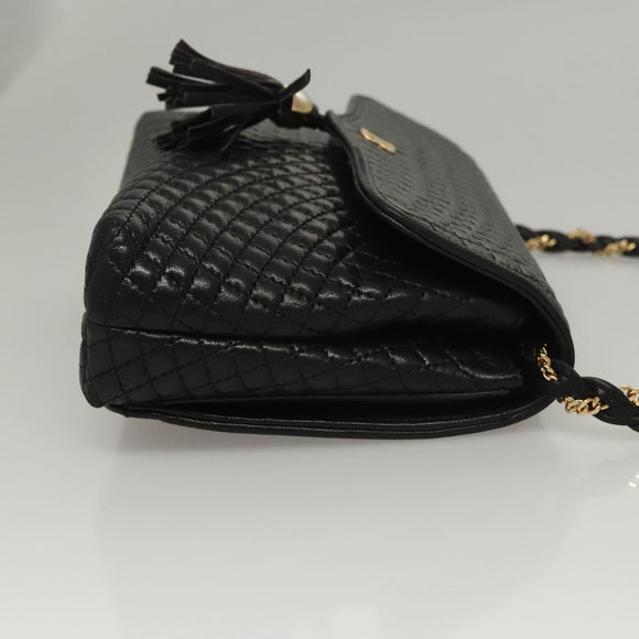 BALLY Quilted Chain Shoulder Bag Leather Black Gold Auth BA1239