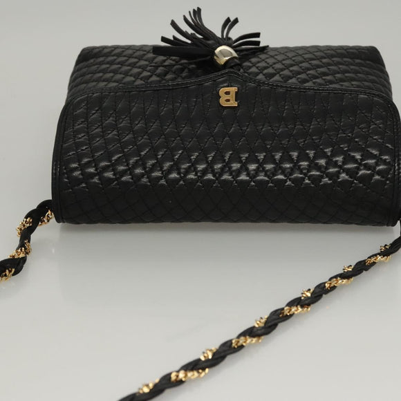 BALLY Quilted Chain Shoulder Bag Leather Black Gold Auth BA1239