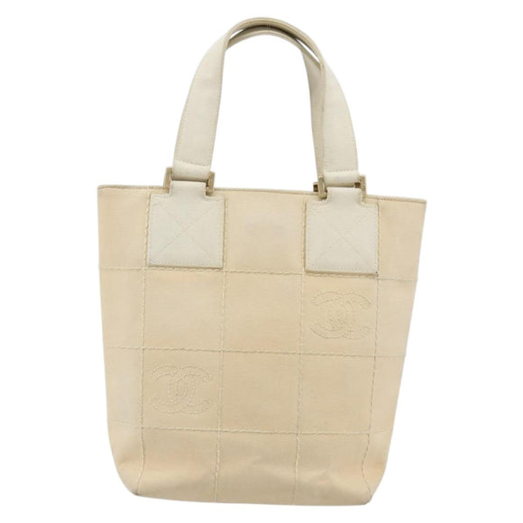 CHANEL Choco Bar Wild Stitch Hand Bag Canvas Beige Gold CC Auth BA12400A