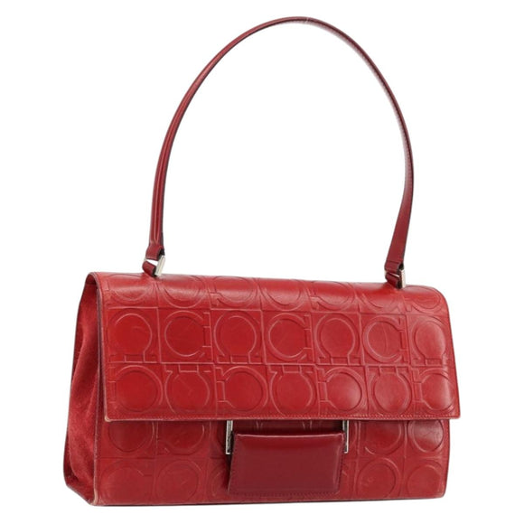 Salvatore Ferragamo Gancini Hand Bag Leather Red Silver Auth BA12430