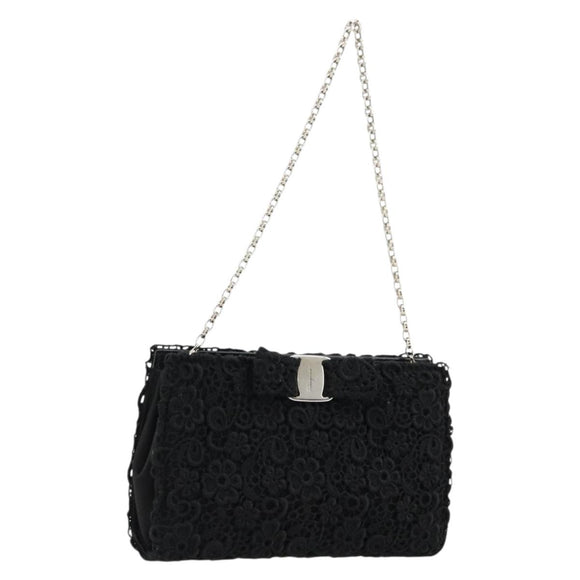 Salvatore Ferragamo Vara ribbon Chain Hand Bag Canvas Black Silver Auth BA12444A