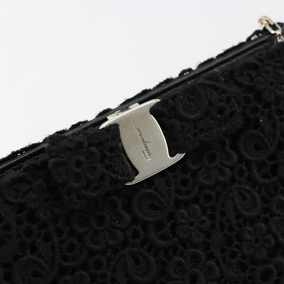 Salvatore Ferragamo Vara ribbon Chain Hand Bag Canvas Black Silver Auth BA12444A