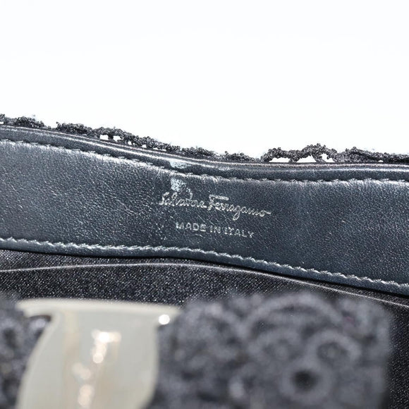 Salvatore Ferragamo Vara ribbon Chain Hand Bag Canvas Black Silver Auth BA12444A