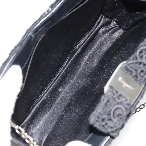 Salvatore Ferragamo Vara ribbon Chain Hand Bag Canvas Black Silver Auth BA12444A