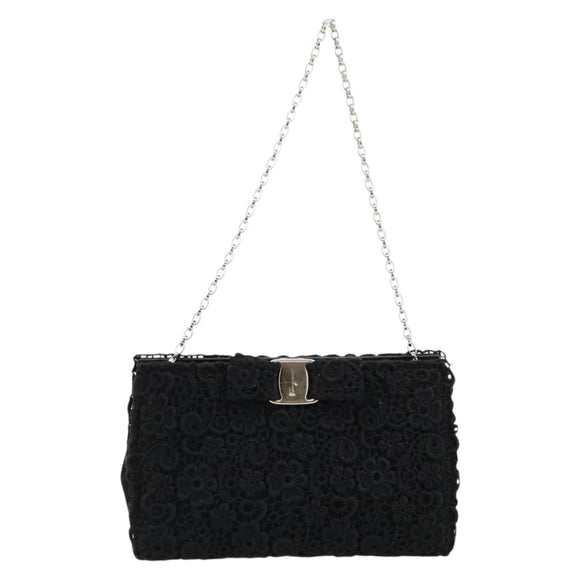 Salvatore Ferragamo Vara ribbon Chain Hand Bag Canvas Black Silver Auth BA12444A