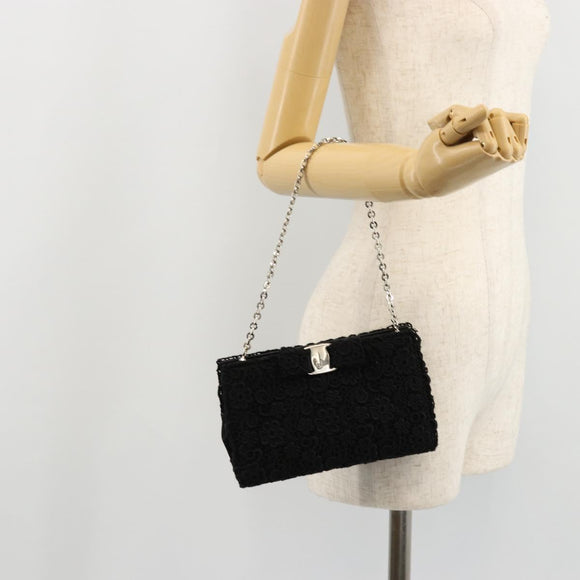 Salvatore Ferragamo Vara ribbon Chain Hand Bag Canvas Black Silver Auth BA12444A