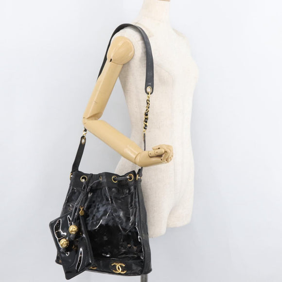 CHANEL Handtasche Umhängetasche Lackleder Schwarz Gold CC Auth BA12450