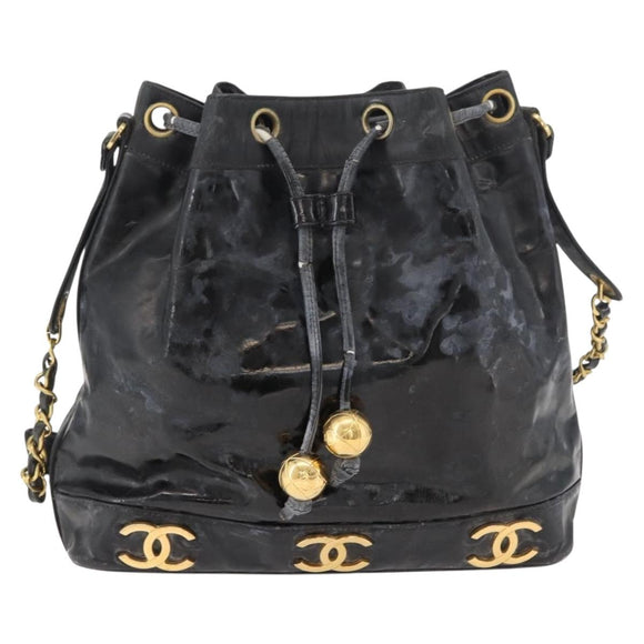 CHANEL Handtasche Umhängetasche Lackleder Schwarz Gold CC Auth BA12450