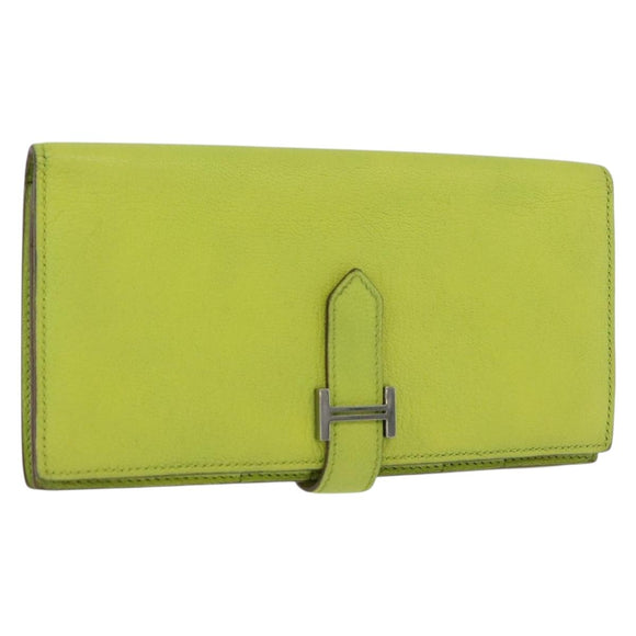 HERMES Bearn Soufflet Wallet Leather Green Auth BA12491A