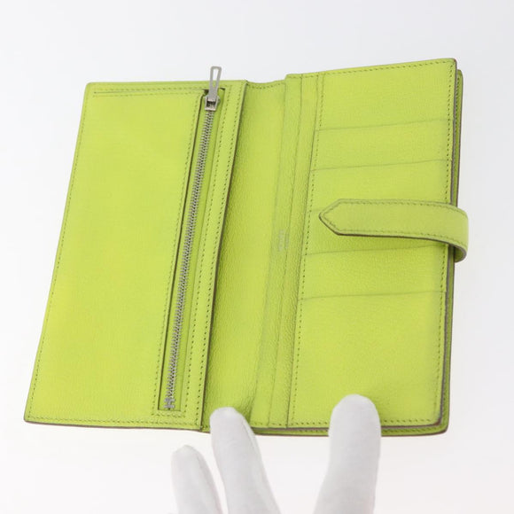 HERMES Bearn Soufflet Wallet Leather Green Auth BA12491A