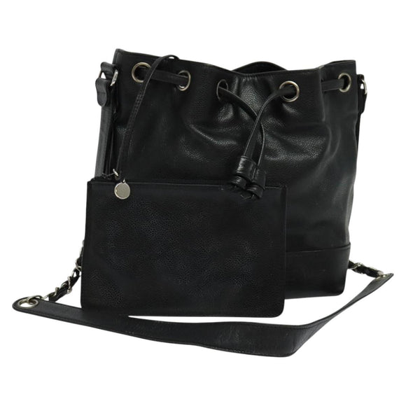 CHANEL Shoulder Bag Caviar Skin Black Silver CC Auth BA125