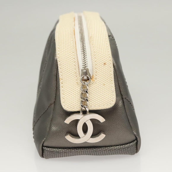 CHANEL Bicolore Pouch PVC Leather Gray CC Auth BA1250