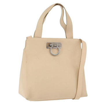 Salvatore Ferragamo Gancini Hand Bag Leather 2way Beige Silver Auth BA12510