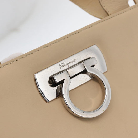 Salvatore Ferragamo Gancini Hand Bag Leather 2way Beige Silver Auth BA12510