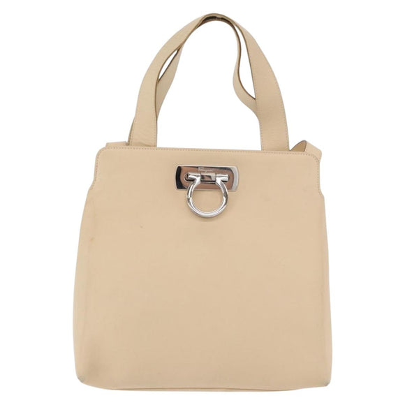 Salvatore Ferragamo Gancini Hand Bag Leather 2way Beige Silver Auth BA12510