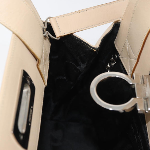 Salvatore Ferragamo Gancini Hand Bag Leather 2way Beige Silver Auth BA12510