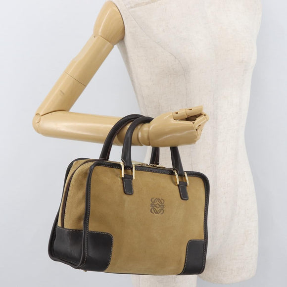 LOEWE Anagram Hand Bag Suede Beige Gold Auth BA12513A