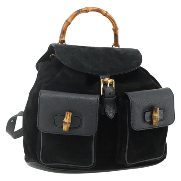 GUCCI Bamboo Backpack Suede Leather Black Gold Auth BA12515