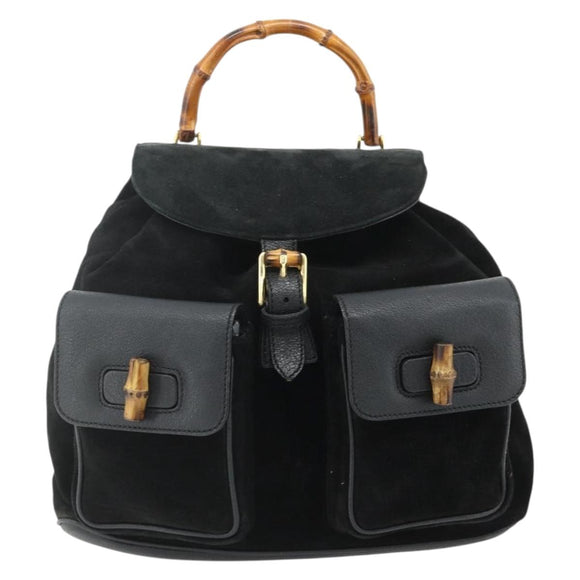 GUCCI Bamboo Backpack Suede Leather Black Gold Auth BA12515