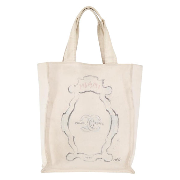 CHANEL Tote Bag Canvas White Silver CC Auth BA12534A
