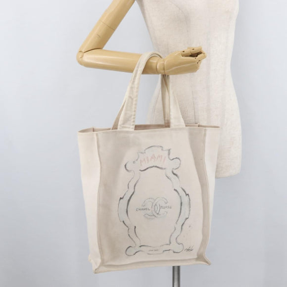 CHANEL Tote Bag Canvas White Silver CC Auth BA12534A