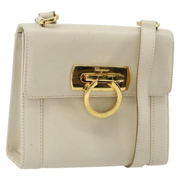 Salvatore Ferragamo Gancini Shoulder Bag Leather White Gold Auth BA12539