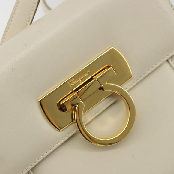 Salvatore Ferragamo Gancini Shoulder Bag Leather White Gold Auth BA12539