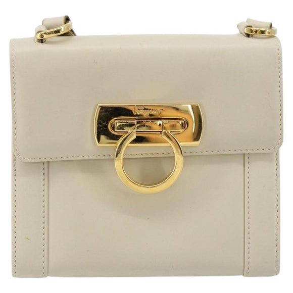 Salvatore Ferragamo Gancini Shoulder Bag Leather White Gold Auth BA12539