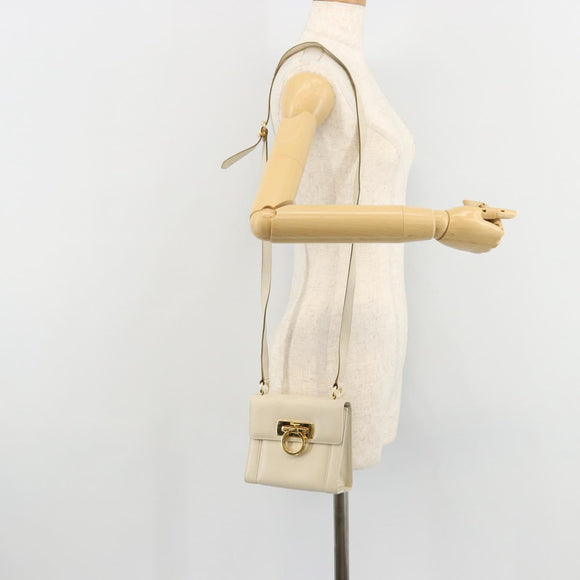 Salvatore Ferragamo Gancini Shoulder Bag Leather White Gold Auth BA12539
