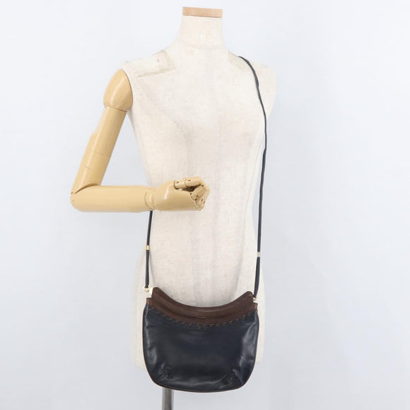 BALLY Shoulder Bag Leather Navy Gold Auth BA12544