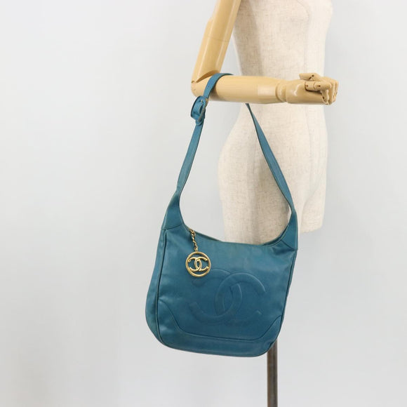 CHANEL Shoulder Bag Caviar Skin Blue Gold CC Auth BA12548A