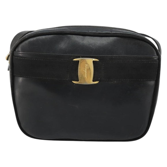 Salvatore Ferragamo Vala Shoulder Bag Leather Black Gold Auth BA12552