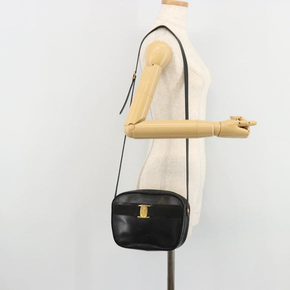 Salvatore Ferragamo Vala Shoulder Bag Leather Black Gold Auth BA12552