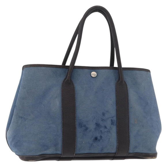 HERMES Garden Party PM Hand Bag Canvas Blue Silver Auth BA12580