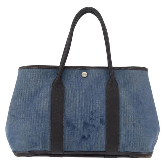 HERMES Garden Party PM Hand Bag Canvas Blue Silver Auth BA12580