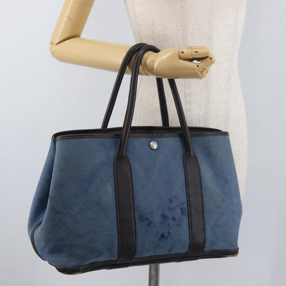 HERMES Garden Party PM Hand Bag Canvas Blue Silver Auth BA12580