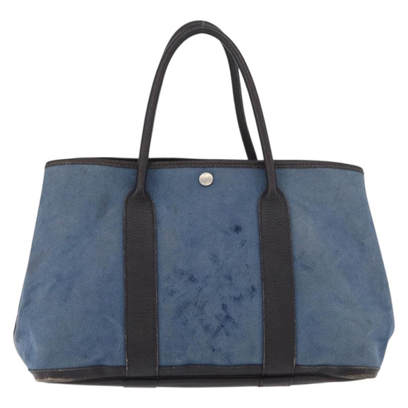 HERMES Garden Party PM Hand Bag Canvas Blue Silver Auth BA12580
