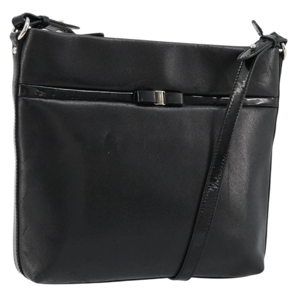 Salvatore Ferragamo Vara Ribbon Shoulder Bag Leather Silver Black Auth BA12583