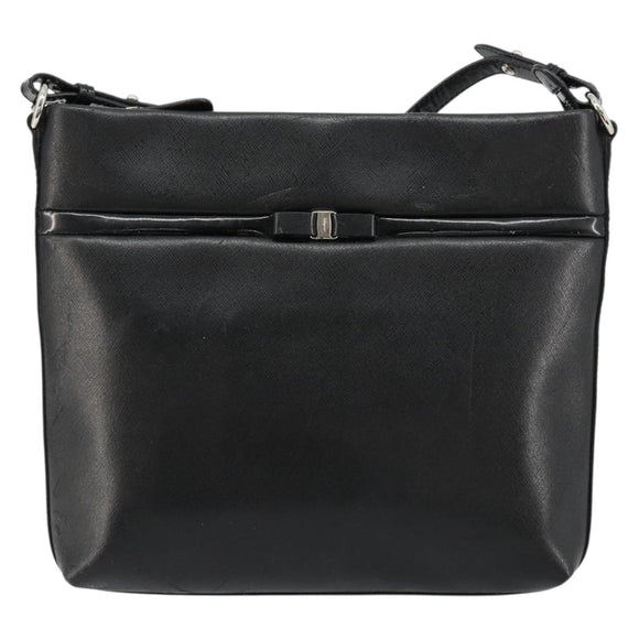 Salvatore Ferragamo Vara Ribbon Shoulder Bag Leather Silver Black Auth BA12583