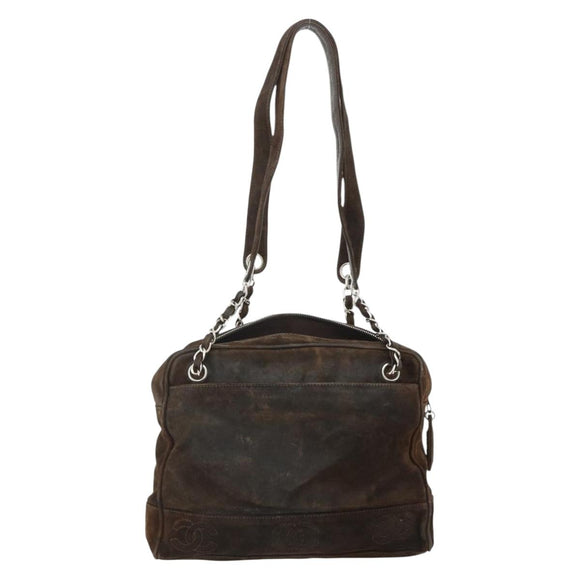 CHANEL Chain Shoulder Bag Suede Brown Silver CC Auth BA12605