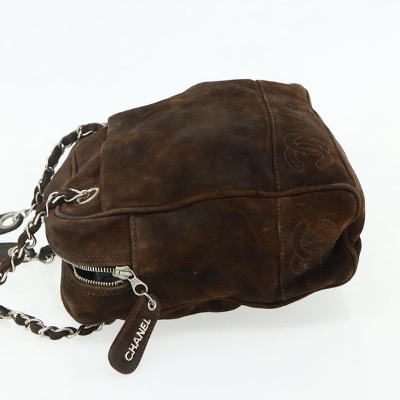 CHANEL Chain Shoulder Bag Suede Brown Silver CC Auth BA12605