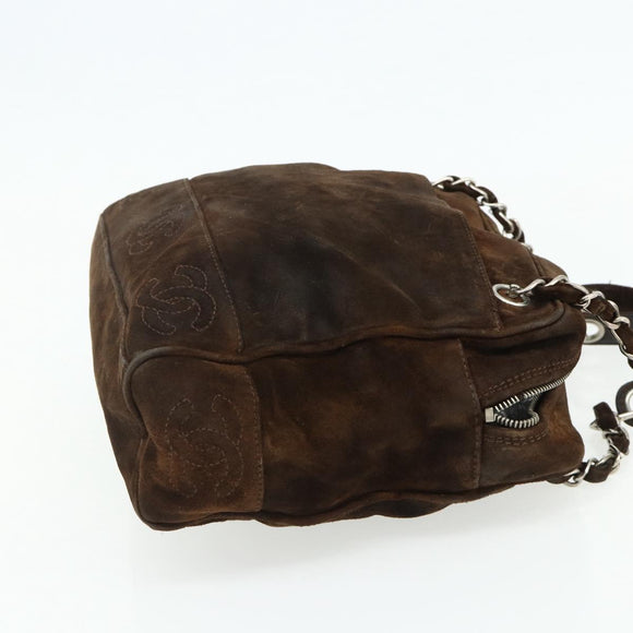 CHANEL Chain Shoulder Bag Suede Brown Silver CC Auth BA12605
